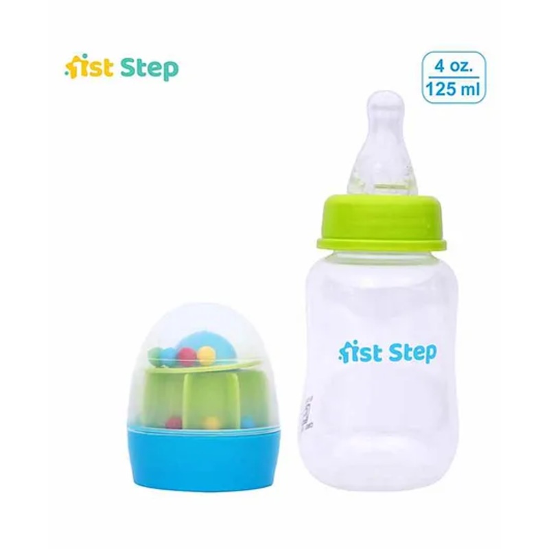 1st Step Feeding Bottle With Rattle Hood Green Blue – 125 ml