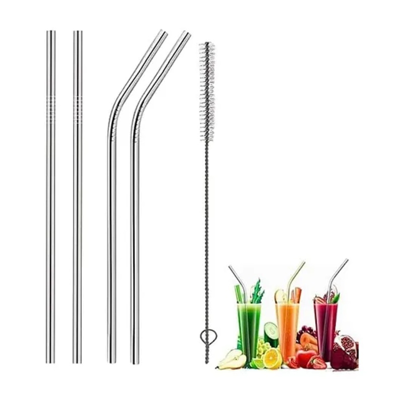 ARCADE TOYS Premium Stainless Steel Straws Eco-Friendly & Durable Metal Straw Set with Cleaning Brush Long Steel Straws for Drinking Juice (2-Straight, 2-Bend, 1-Brush) – PACK OF 1 – COLOR MAY VARY