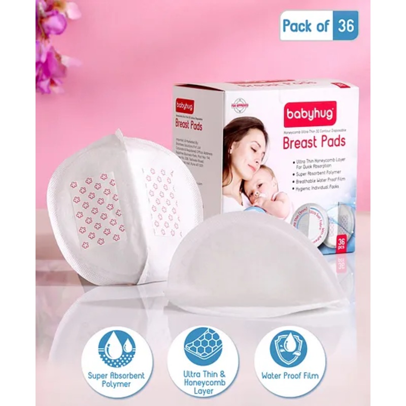Babyhug 3D Contoured Disposable Breast Pads for Nursing Mothers Pack of 36 | Ultra Absorbent | Leak-Resistant | Absorption Pads | Ultra Thin | Discreet Fit |Breastfeeding pad|