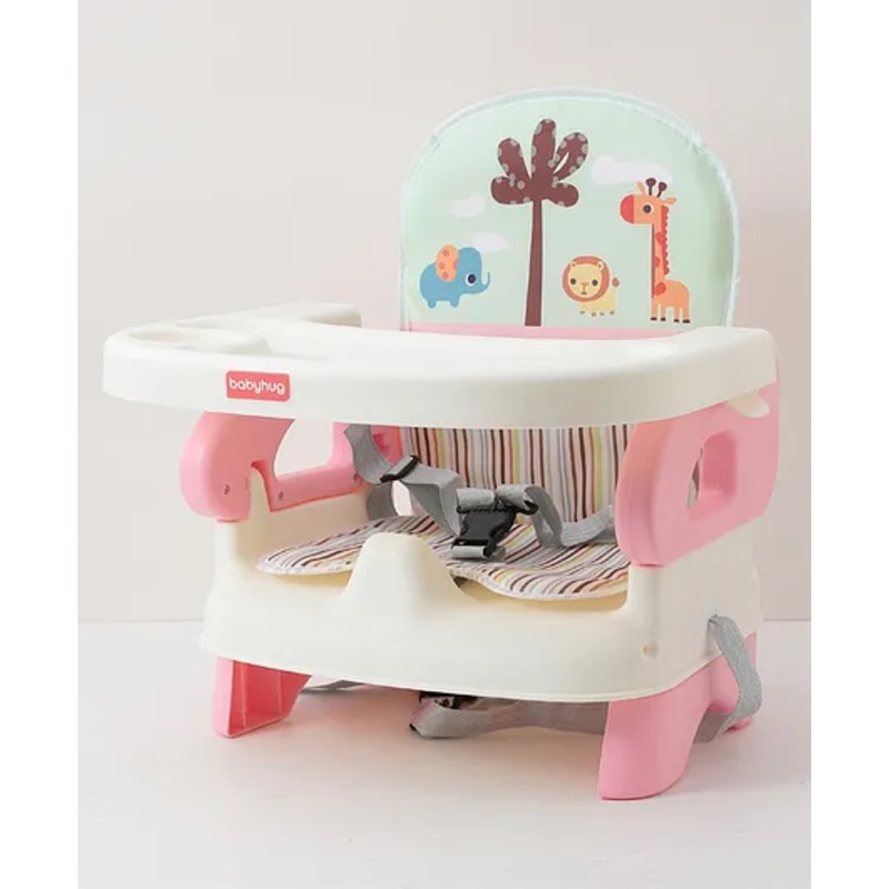 Babyhug Comfort Folding Booster Seat with 3 Point Safety Harness Built-In Cup Holder Animal Print- Pink| Adjustable Height| Easy to Install| Removable Food Tray| Washable Sear Cover