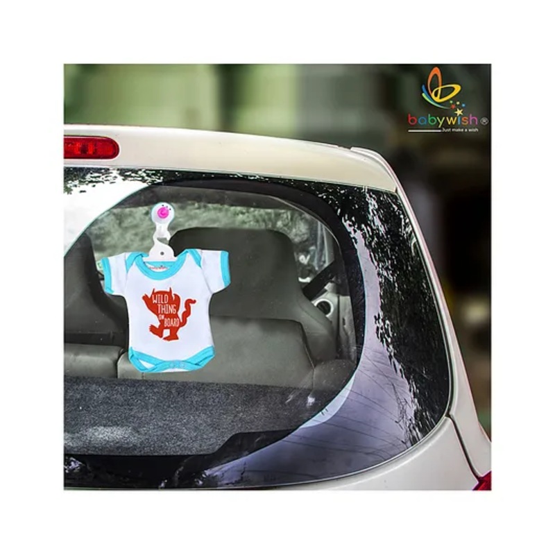 babywish Baby on Board Car Decals Cloth Safety Sign Board with Hanger & Large Vacuum Suction Cups Wild Thing On Board Print – Blue