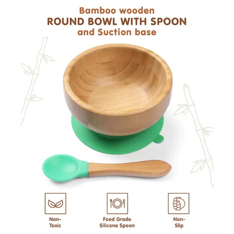Bamboo Wooden Round Bowl with Spoon & Suction Base – Green