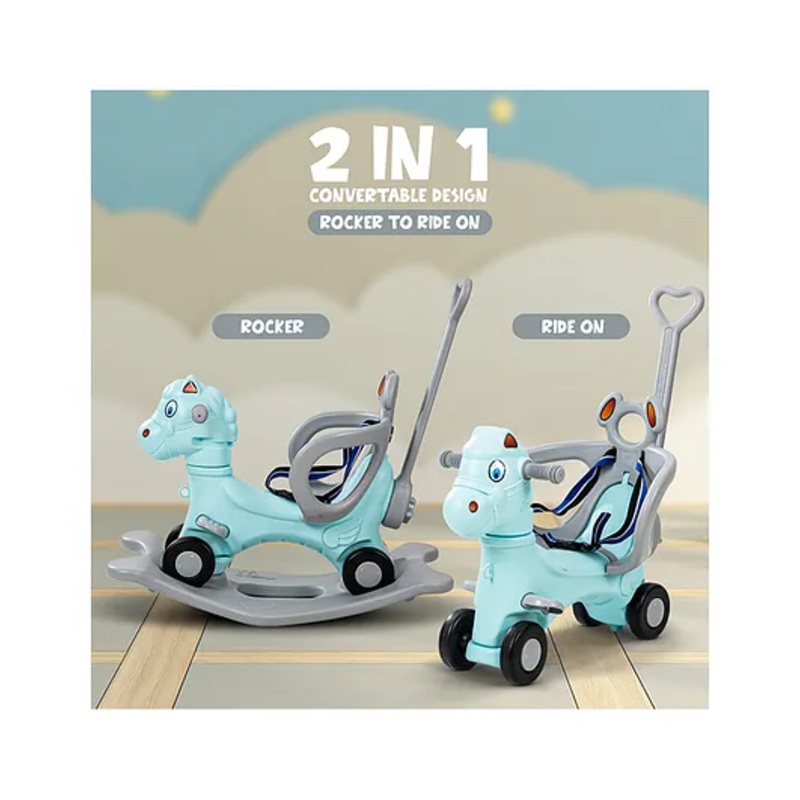 Baybee 2 in 1 Baby Horse Rider Kids Ride On Car for Kids, Push Ride on Toy with Rocker, Push Handle, Rotating Head & Safety Belt – Green