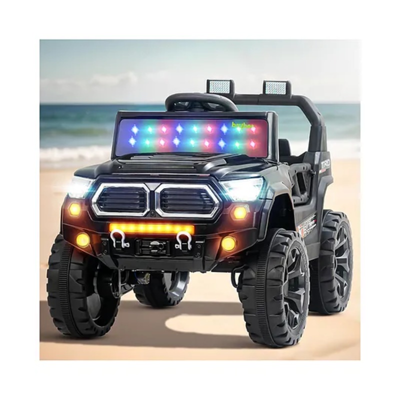 BAYBEE Trojan Battery Operated Jeep for Kids with RGB Windshield Light, Bluetooth, USB & Music | Baby Big Ride on Battery Car | Electric Jeep Car for Kids (Black)