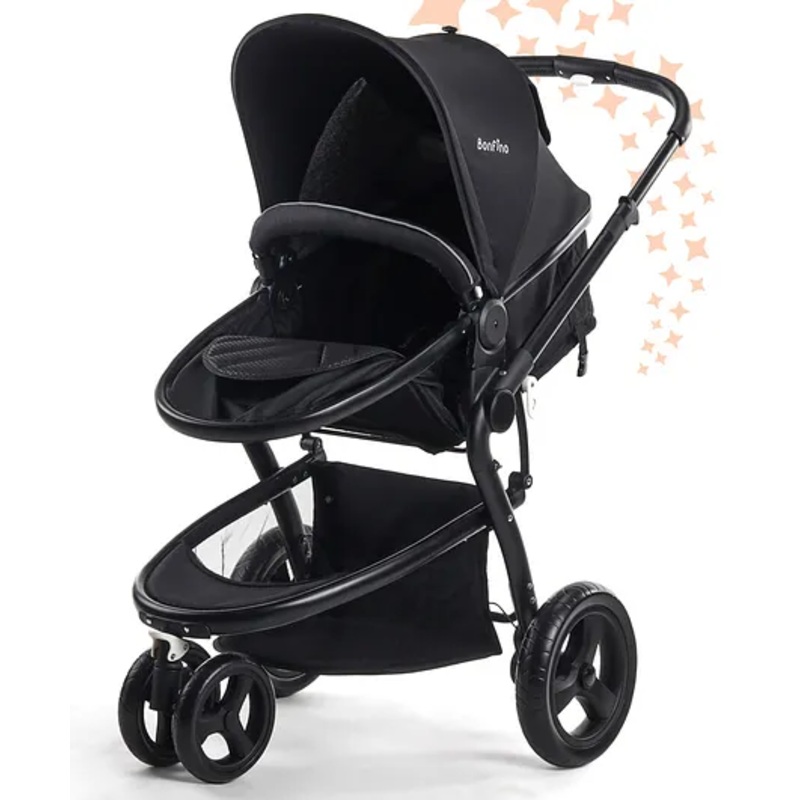 Bonfino Zippy Jogger Stroller – Back Air Wheels, Comfort Cushion, Reclining Seat, 5-Point Harness – Black| For Rugged Use| Reversible Seat| Reclining Seat and Adjustable Foot Rest| Suspension Wheels