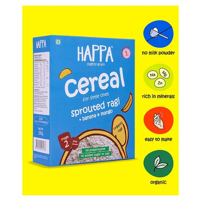 Happa Organic Sprouted Ragi, Banana & Mango Baby Porridge Mix – Non-GMO, 6M+, Iron & Calcium Rich – 200g