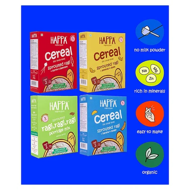 Happa Organic Sprouted Ragi Cereal for Babies | Only 3 Ingredients | No Sugar, No Additives | Cooks in 3 Minutes | 6 M+ | 4 Packs | 200g