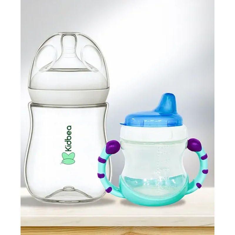 Kidbea Natural Baby Feeding Bottle, BPA-Free, Soft Nipple, Anti-Colic Design with Baby Feeding Sipper Cup Bottle (Pack of 2) | Wide Neck 270 & 200 ml – Blue