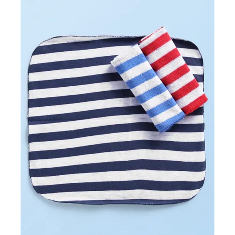 Pink Rabbit Terry Knit Wash Cloth with Stripe Design Pack of 3 L 29.5 x B 29.5 cm – Navy Blue Royal Blue & Red