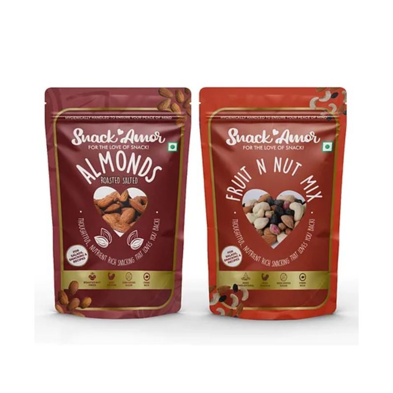 SnackAmor Combo Pack of Premium Fruit n Nut Mix 200g and Roasted Salted Almond 170g