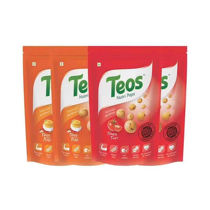 Teos Nutri Pops Roasted Makhana Snacks Tangy Pickle & Tomato Twist (4 x 65 g)