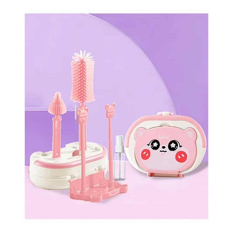 Tony Stark 6-in-1 Baby Bottle Cleaning Brush Set  Includes Silicone Bottle Brush, Nipple Cleaner, Straw Brush, Soap Dispenser, Storage Box, Bottle Drying Rack | Silicone Bristles (Bear Design – Pink)