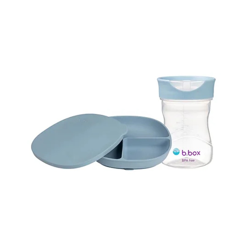 b.box Silicone Plate with Dividers + Open Training Cup – Blue | Self-Feeding & Drinking Starter Kit for Babies & Toddlers