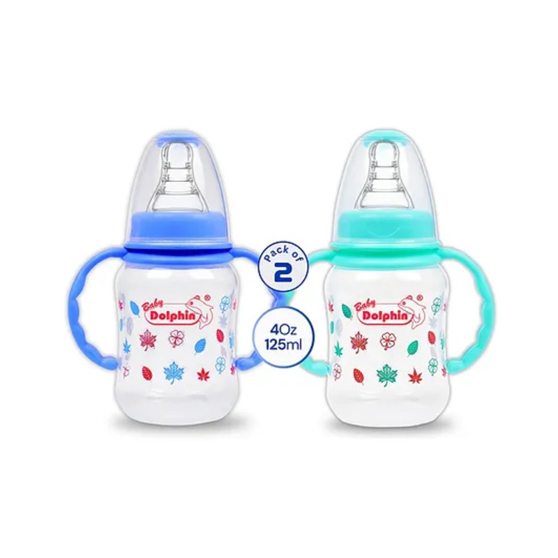 Baby Dolphin Anti-Colic Plastic Feeding Bottle with Handle | Pack of 2 | Liquid Silicone Nipple | BPA Free | Baby Feeder | Baby Milk Bottle | 125ml+125ml | Blue & Green.