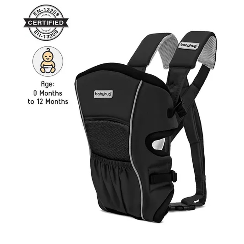 Babyhug  Embrace 2-in-1 Ergonomic Baby Carrier with Detachable Bib: Lightweight, Compact, Breathable, For newborns and toddlers, Offering front and inward carrying positions with padded straps for ultimate comfort and safety-Black