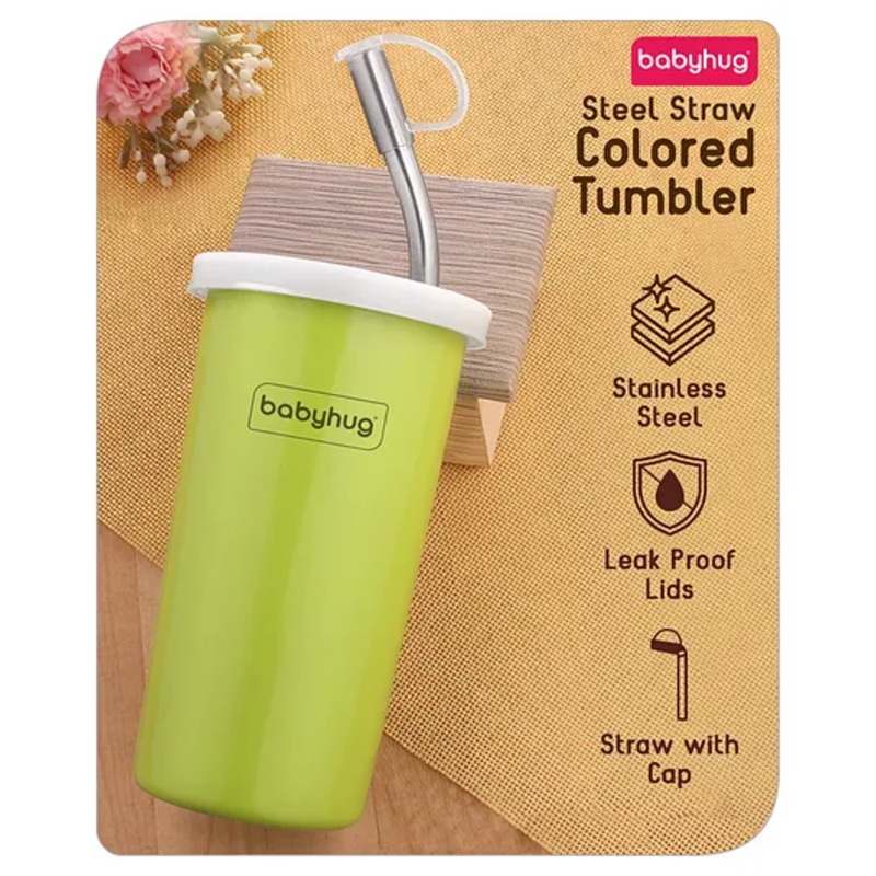 Babyhug Stainless Steel Tumbler with Straw  450 ml, Green | Leak-Resistant | BPA Free | Silicone Straw | Dishwasher Safe | Travel Friendly | Ideal for Newborns & Toddlers