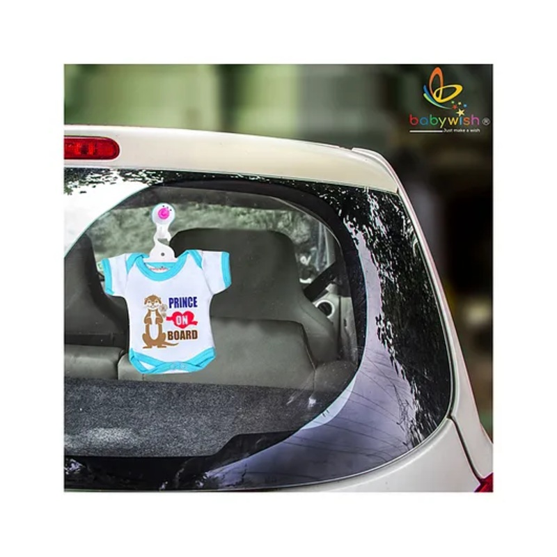 babywish Baby on Board Car Decals Cloth Safety Sign Board Come with One Hanger & One Large Vaccum Suction Prince On Board Monkey Print – Blue