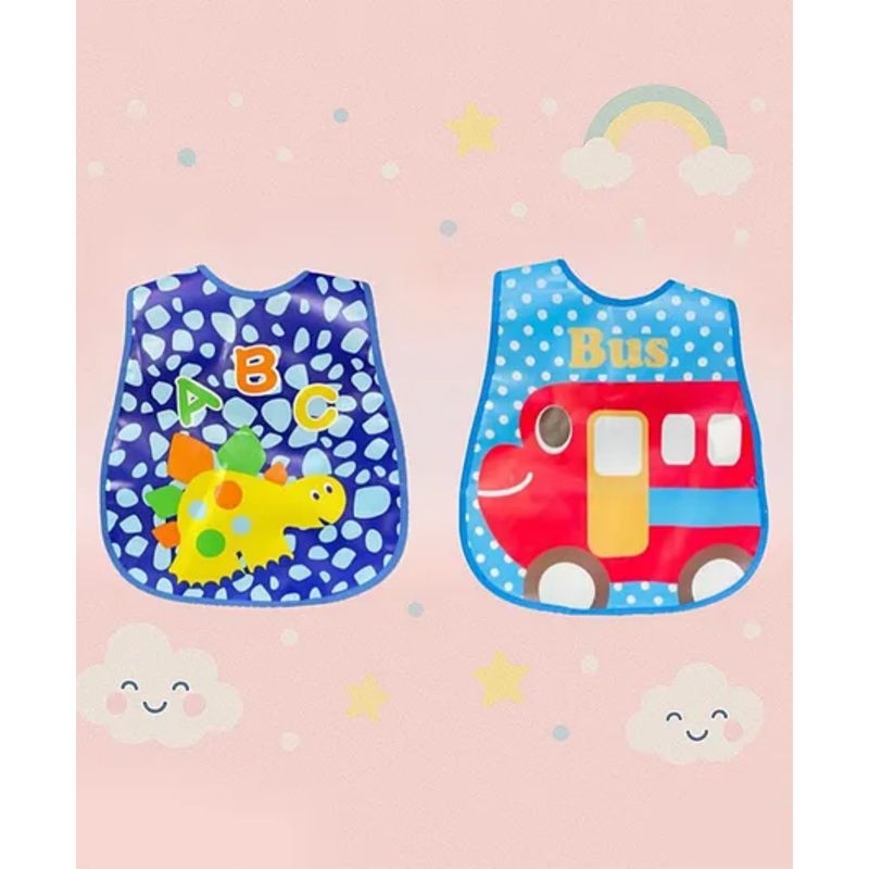 Badal Kidz Plastic Waterproof Baby Feeding Apron with BIB bus design and turtle design – Blue &Blue (Pack of 2)