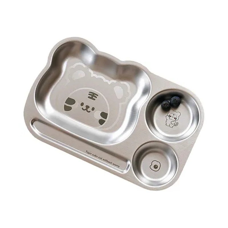 Basil Stainless Steel 3 Compartments Funky Dinner Plate for Kids-Tiger