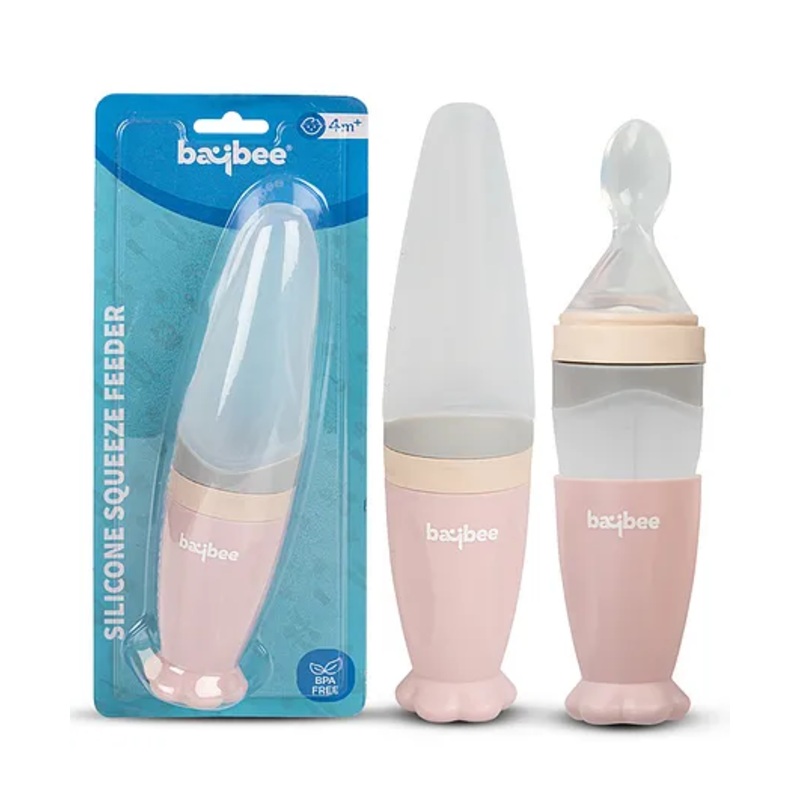 Baybee Silicone Squeeze Food Feeding Bottle With Spoon BPA Free Baby Feeder Fruit Rice Cereals Puree Feeding Bottle Pink – 90 ml