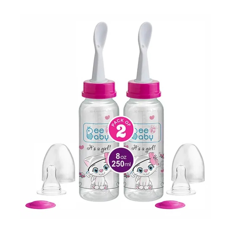 Beebaby 2 in 1 Gentle Slim Neck Baby Feeding Bottle with Nipple & Spoon Feeder Pack of 2 Pink – 250 ml Each
