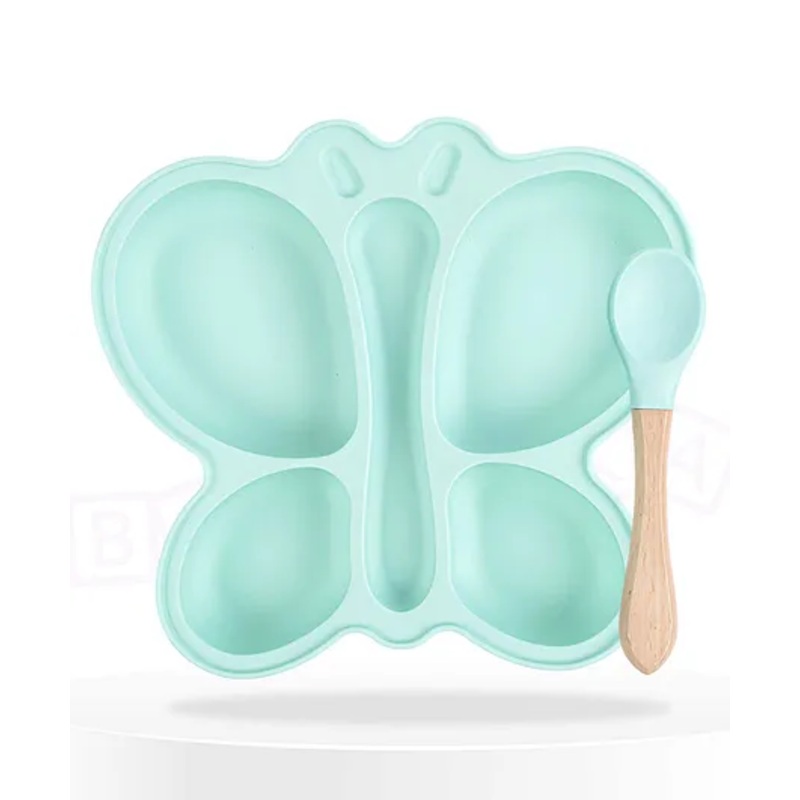 Bembika Baby Feeding Essential Baby Dinner Set Silicone Tableware Set for Baby Butterfly Design Pack Of 2 – Sea Green