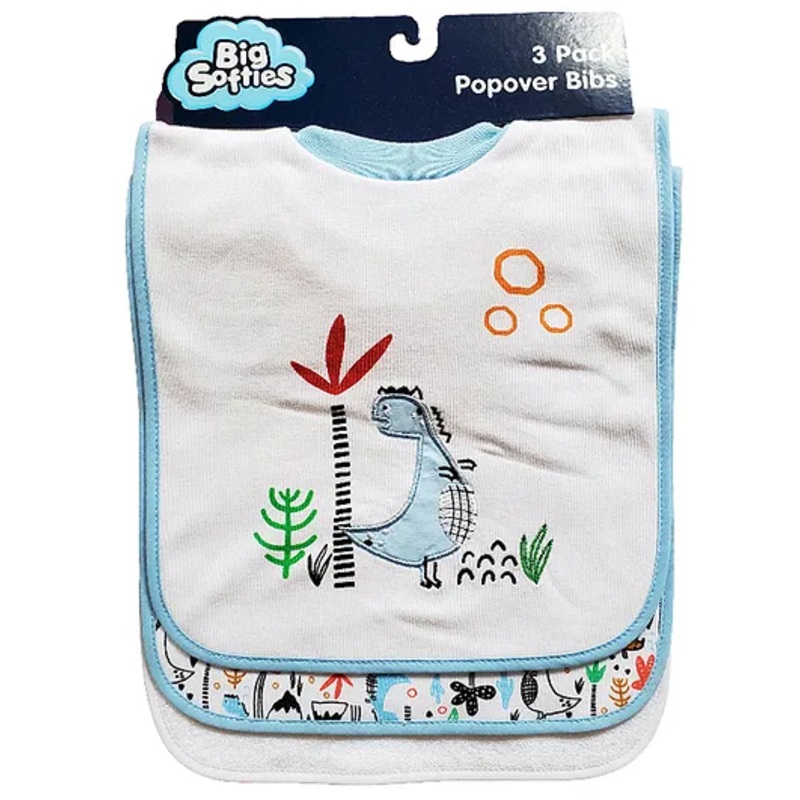 Big Softies Popover Baby Bibs Printed & Applique Embroidery Soft Rib Neck Blended Cotton Ultra Soft & Super Absorbent For Drooling, Teething & Feeding For Boys 6-36 Months Pack of 3-Dino