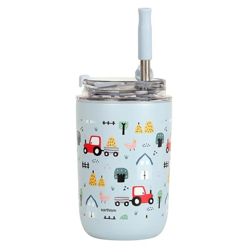 Earthism Double Wall Insulated Stainless Steel Kids Sipper Tumbler with Lid & Straw 300 ml (Farmhouse, Blue)