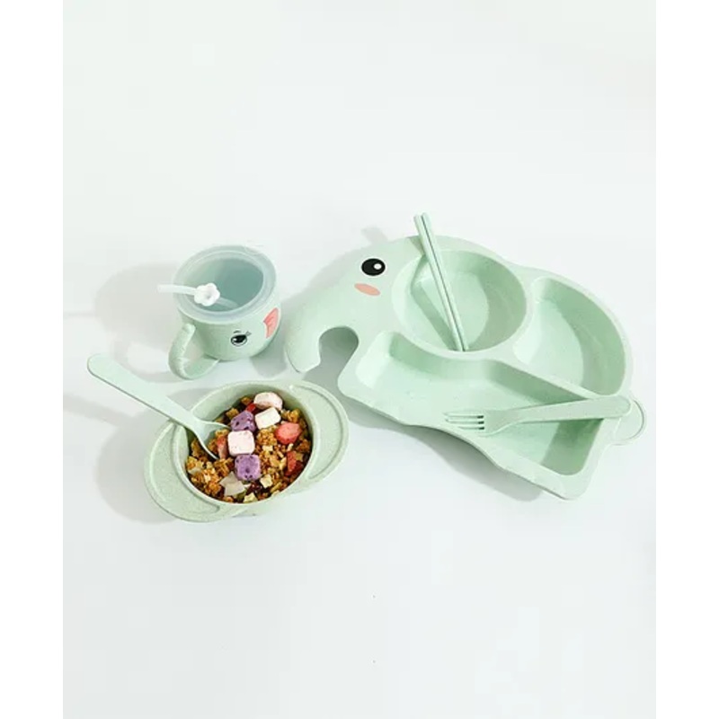 Elephant Shaped Feeding Set with  Spoon Fork & Chopstick – Green
