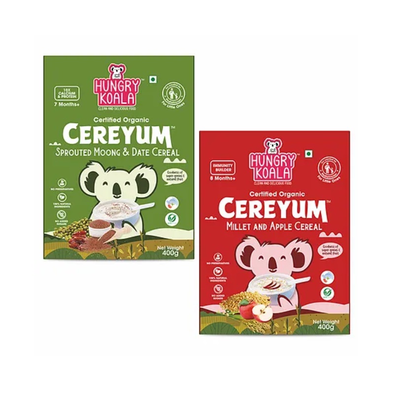 HUNGRY KOALA Cereal Made With Natural Ingridients Millet Apple Sprouted Moong & Dates For Kids To Grow Healthy No Preservative Or Additives Or Maida 400 g Pack Of 2
