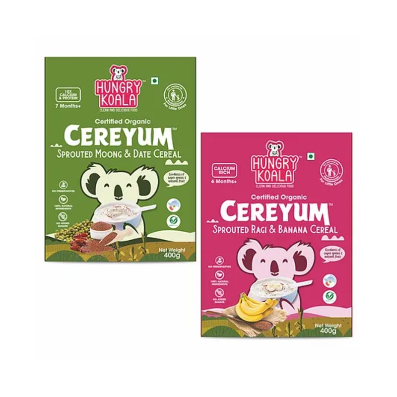 HUNGRY KOALA Cereal Made With Natural Ingridients Sprouted Moong Dates Ragi & Banana For Kids To Grow Healthy No Preservative Or Additives Or Maida 400 g Pack Of 2