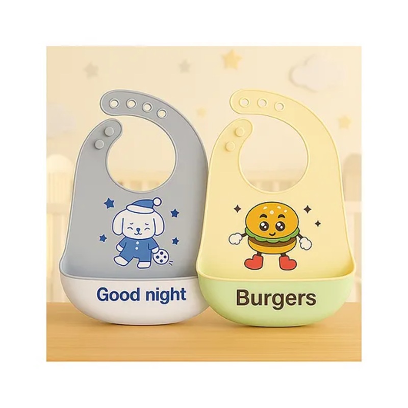 KIDS BASIC Soft Silicone Baby Bib with Food Pocket , Waterproof & Adjustable – Beige Mint & Grey (Pack of 2)