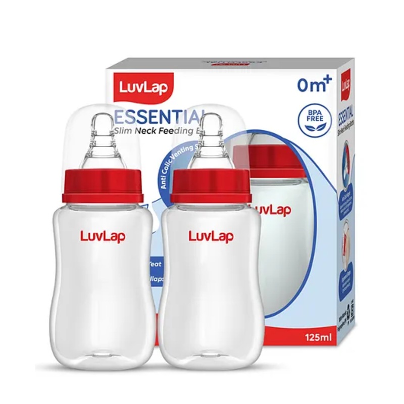 LuvLap Baby Essential Slim Neck Feeding Bottle, 125ml, with Anti-Colic Nipple, BPA Free, Pack of 2, Red