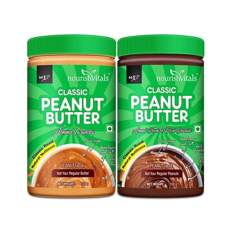 NourishVitals Irresistibly Tasty Combo Classic Peanut Butter Almonds Crunchy & Classic Peanut Butter Almonds Chunks & Dark Chocolate 750 gm Each