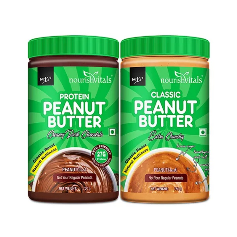 NourishVitals Irresistibly Tasty Combo Protein Peanut Butter Creamy Dark Chocolate & Classic Peanut Butter Extra Crunchy – 750 gm Each