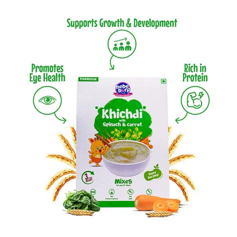 Organic Bebe Burp Khichdi Porridge for Babies, Spinach & Carrot Mix, Preservative-Free – 200gm