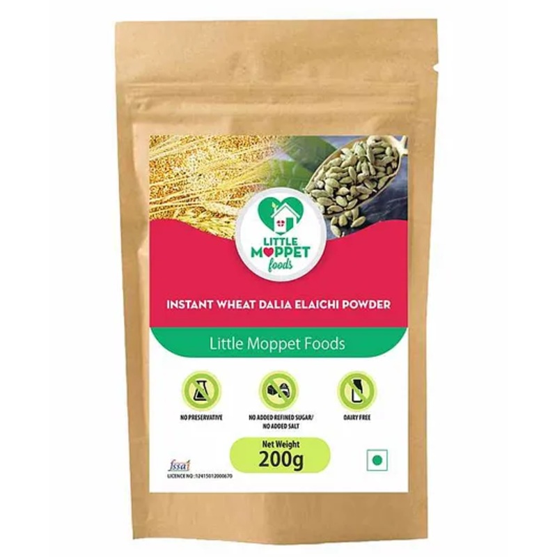 Organic Little Moppet Instant Wheat Dalia Elaichi Powder – Homemade Baby Food 6-12M, High Energy Digestive Aid, No Preservatives – 200g