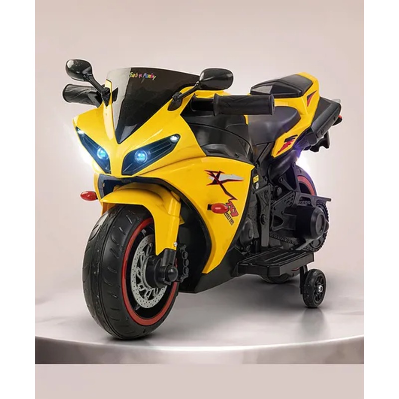 R7 Rechargeable Battery Operated Electric Ride On Bike With LED Lights USB Port & Music – Yellow