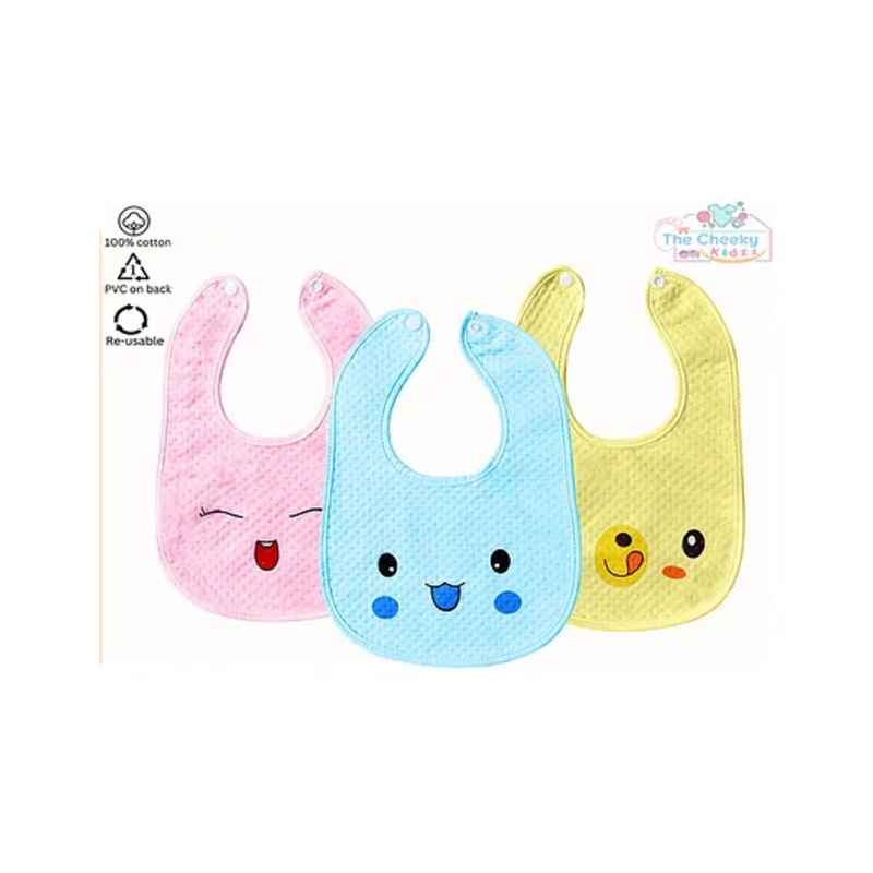 The Cheeky Kidzz Baby Pack Of 3 Premium Feeding Aprons Bibs Cute Attractive Designs With Snap Set Everyday Use (MULTI-COLORS)