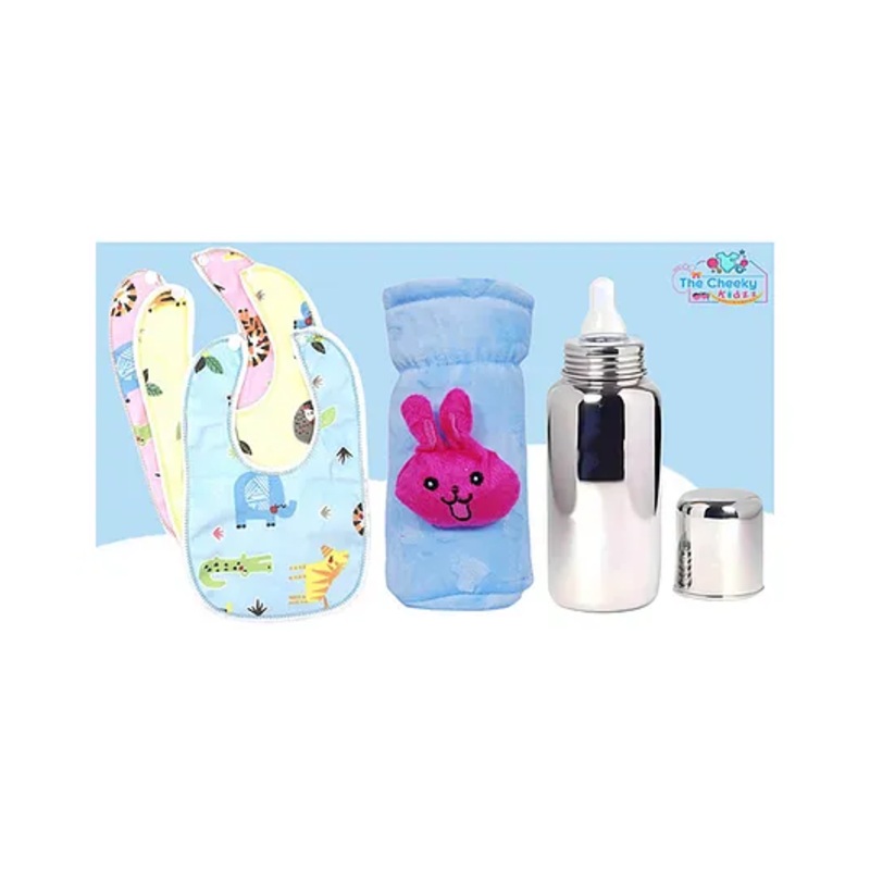 The Cheeky Kidzz Baby Stainless Steel Feeder Liquids Milk Juices Anti-Slip Feeding 240ml Bottle With Cute Bottle Cover and 3 Cotton Bibs (BLUE)