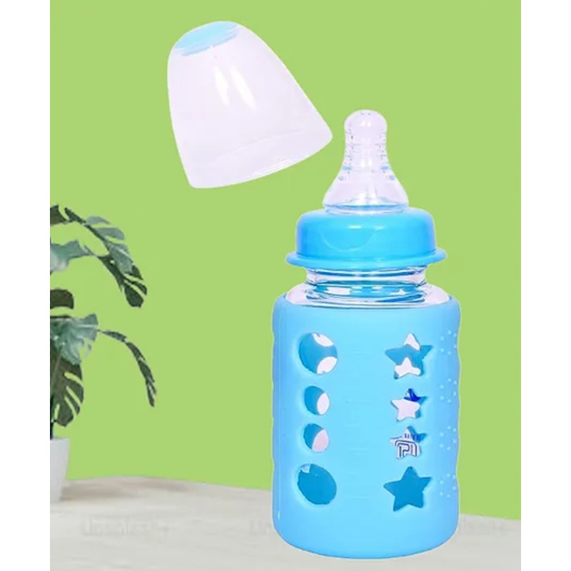 The Cheeky Kidzz Borosilicate Glass Feeding Bottle BPA Free Cover Sleeve & Anti-Colic Nipple – 120 ml  (Blue)