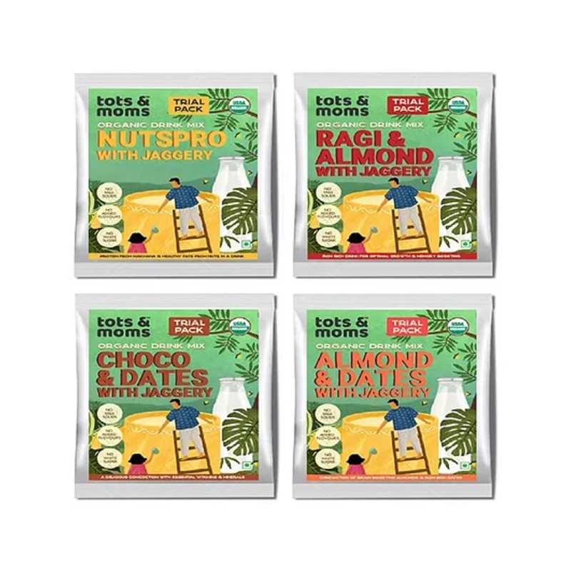 Tots & Moms Organic Baby Food Mixes – Nutritious 6-18m Combo Trial, Ragi Almond & Choco Dates, No Additives – 4x50g