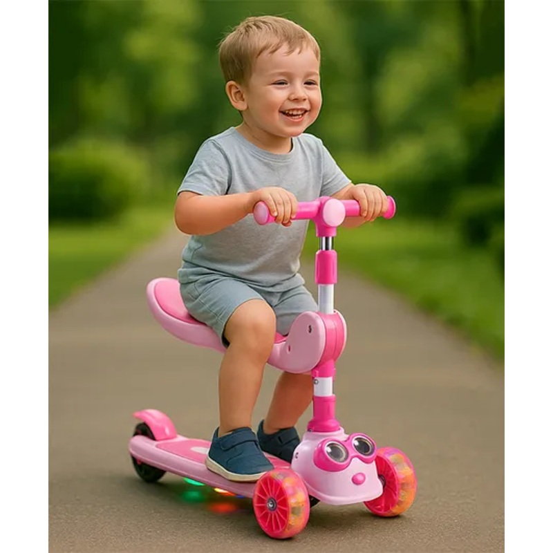 2-in-1 Kids 3 Wheel Scooter with Foldable Seat & LED Wheels – Yellow| Adjustable Height | Music | Lean-to-Steer | Foldable Design | Toy for 3 to 10 Yrs Boys & Girls| Sport Gift| Physical Activity