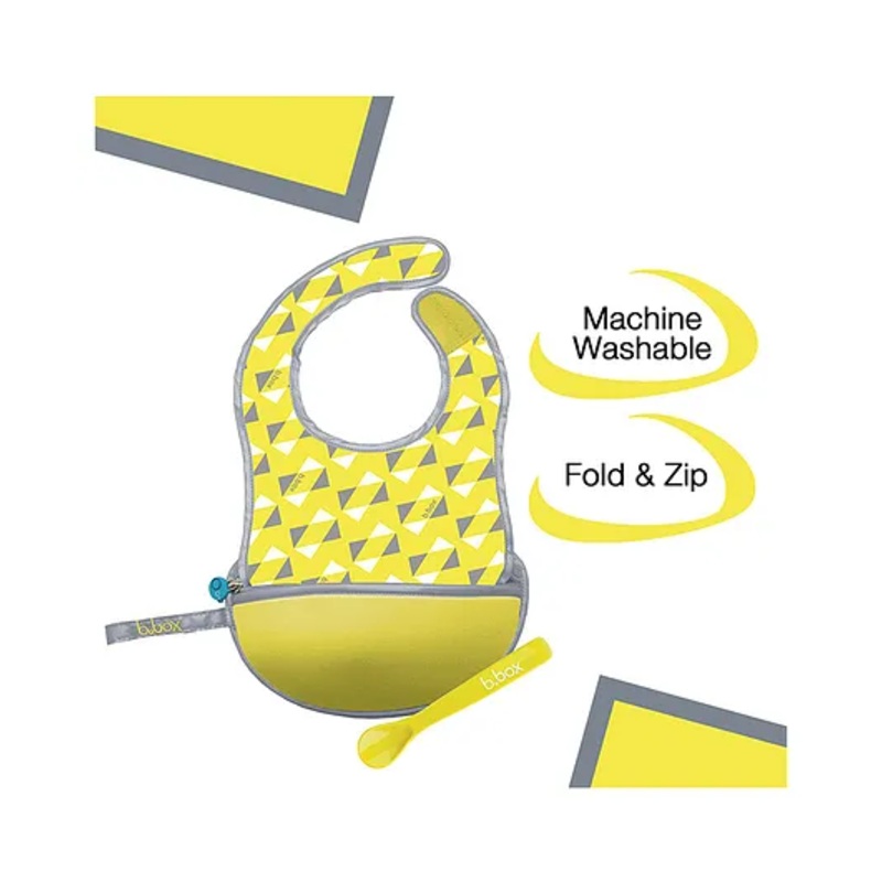 b.box Travel Bib and Soft Chewy spoon Set with Food Catcher Pocket – Yellow