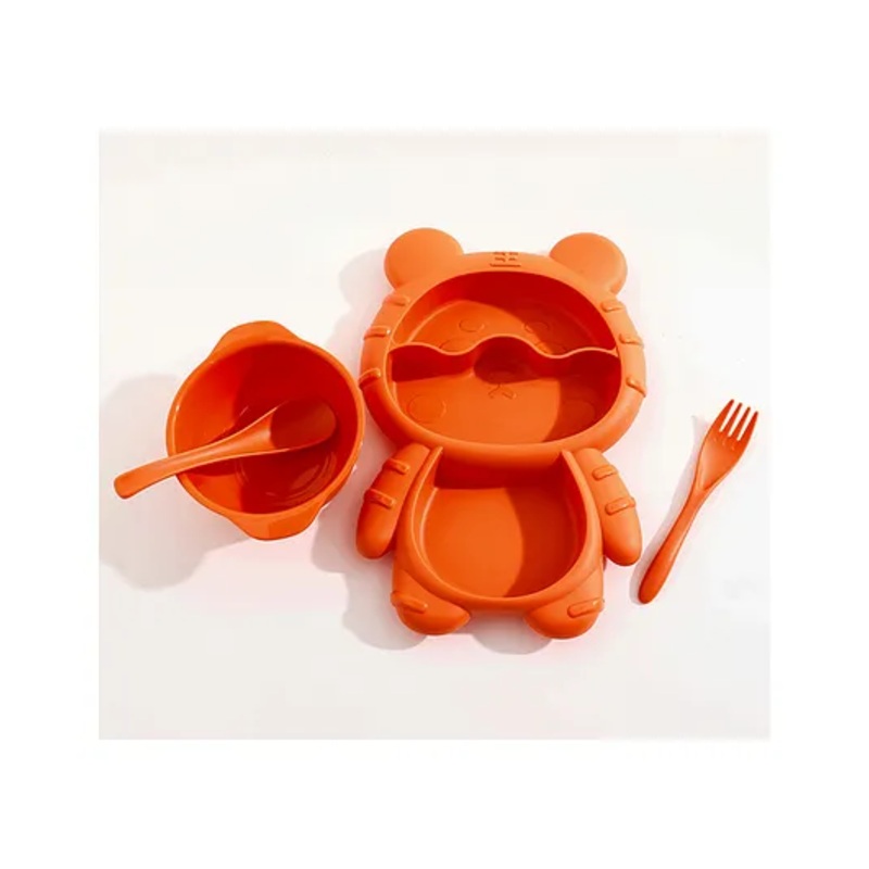Bear Shaped Sectioned Plate with Bowl ,Spoon & Fork – Orange
