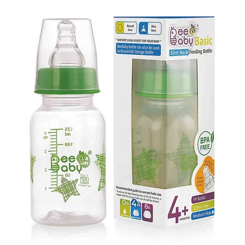 BeeBaby Basic Slim Neck Baby Feeding Bottle with Anti – Colic Nipple Green – 125 ml