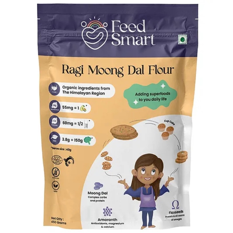 Feed Smart Nutrient-Rich Flour Blend: Moong Dal| Ragi | Red Rice| Amaranth| Beetroot| Roasted Almond & Flaxseed | Baking Soda | Ginger | Vanilla & Pepper Powders | Pack of 1 (150 gram)
