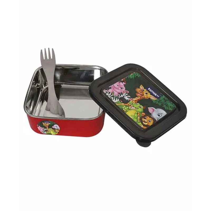 KuchiKoo Stainless Steel Feeding Bowl with Lid and Spoon cum Fork  – Red