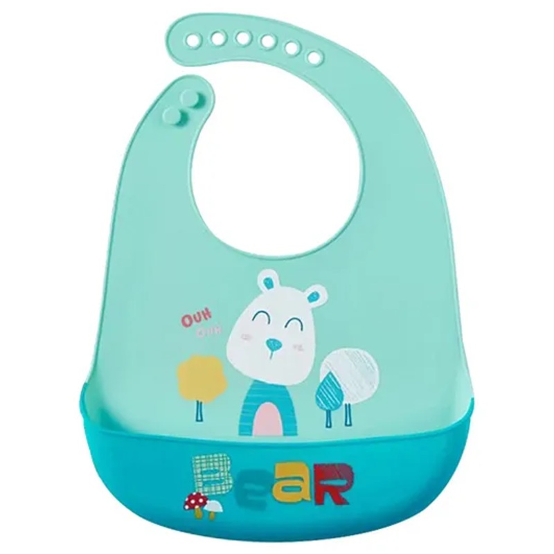 MOMISY Baby Bib For Newborn Waterproof Silicone Apron Wipeable Stain Resistant With pocket – Sea Green Bear