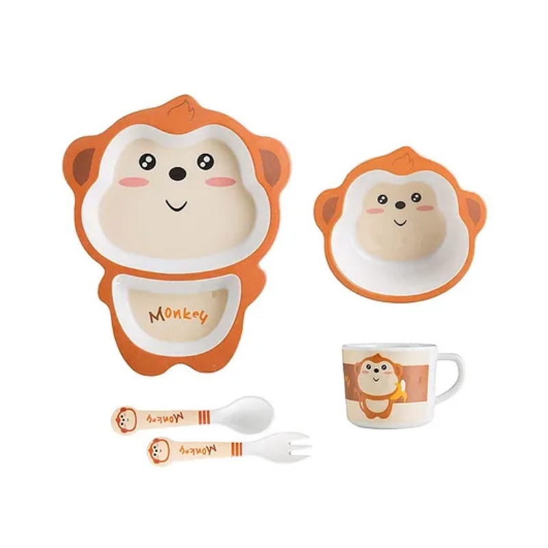 Negocio Monkey Bamboo Dinner Set For Kids Eco Friendly Dishwasher Safe Plate Bowl Cup Spoons And Forks Set Unbreakable Baby Feeding Animal Shape Reusable Enjoy Pasta Noodle Bowl Soup Ice Cream